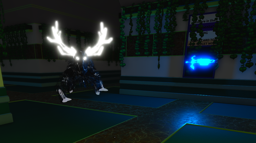 A monster with neon white eyes and antlers